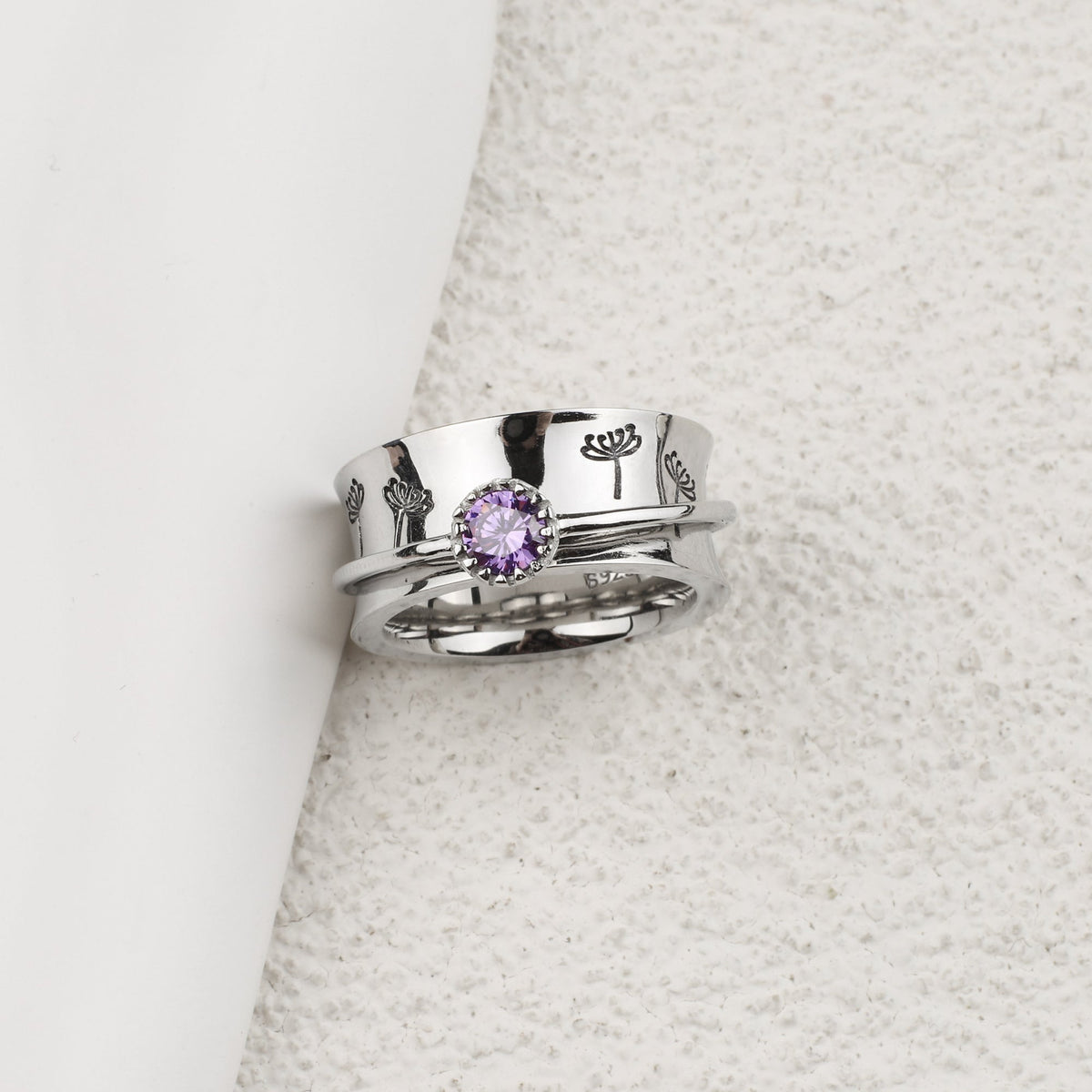Silver Dandelion Birthstone Spinning Fidget Ring