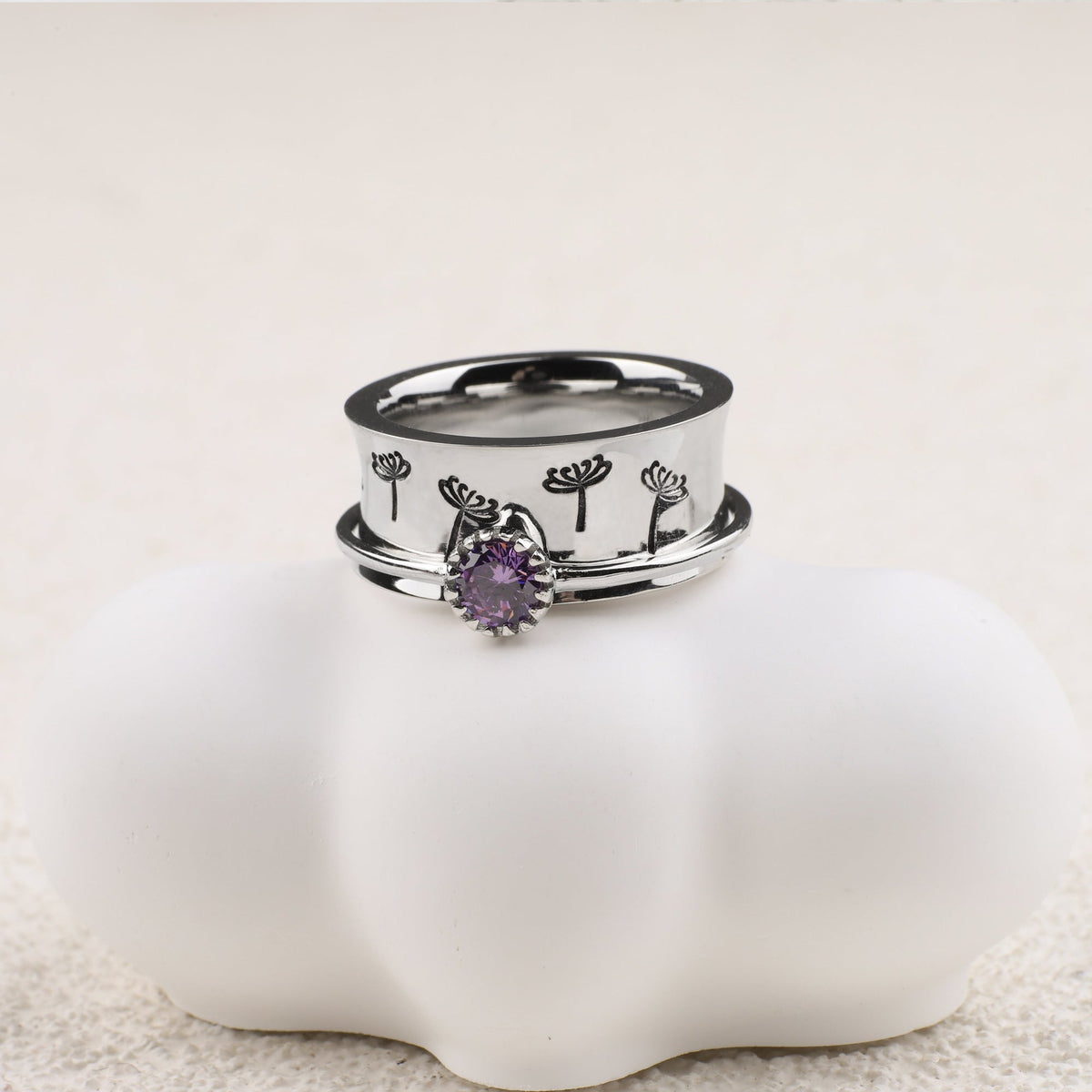 Silver Dandelion Birthstone Spinning Fidget Ring
